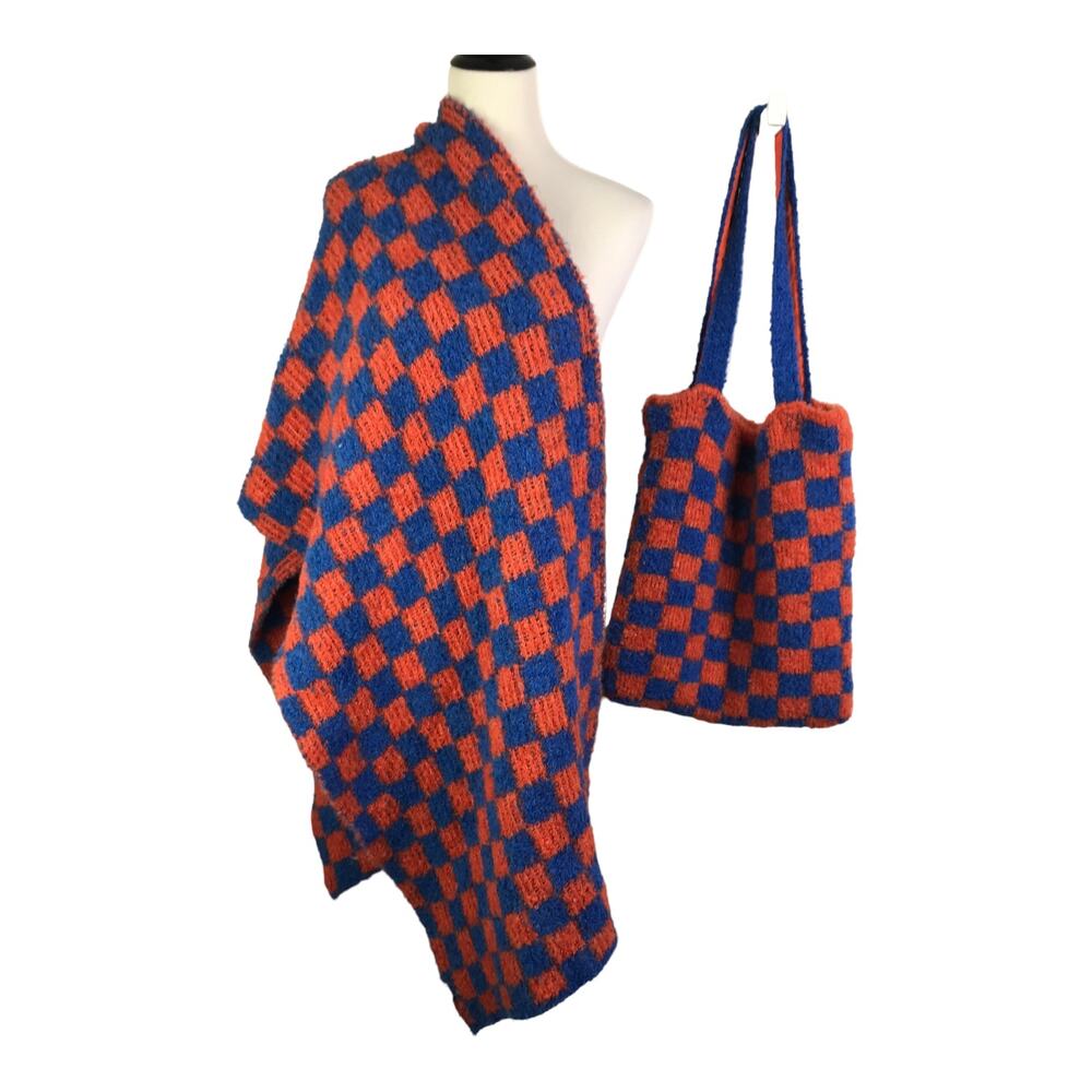Free People Scarf Matching Tote Bag Womens OS Warm Red Blue Checkered Shawl